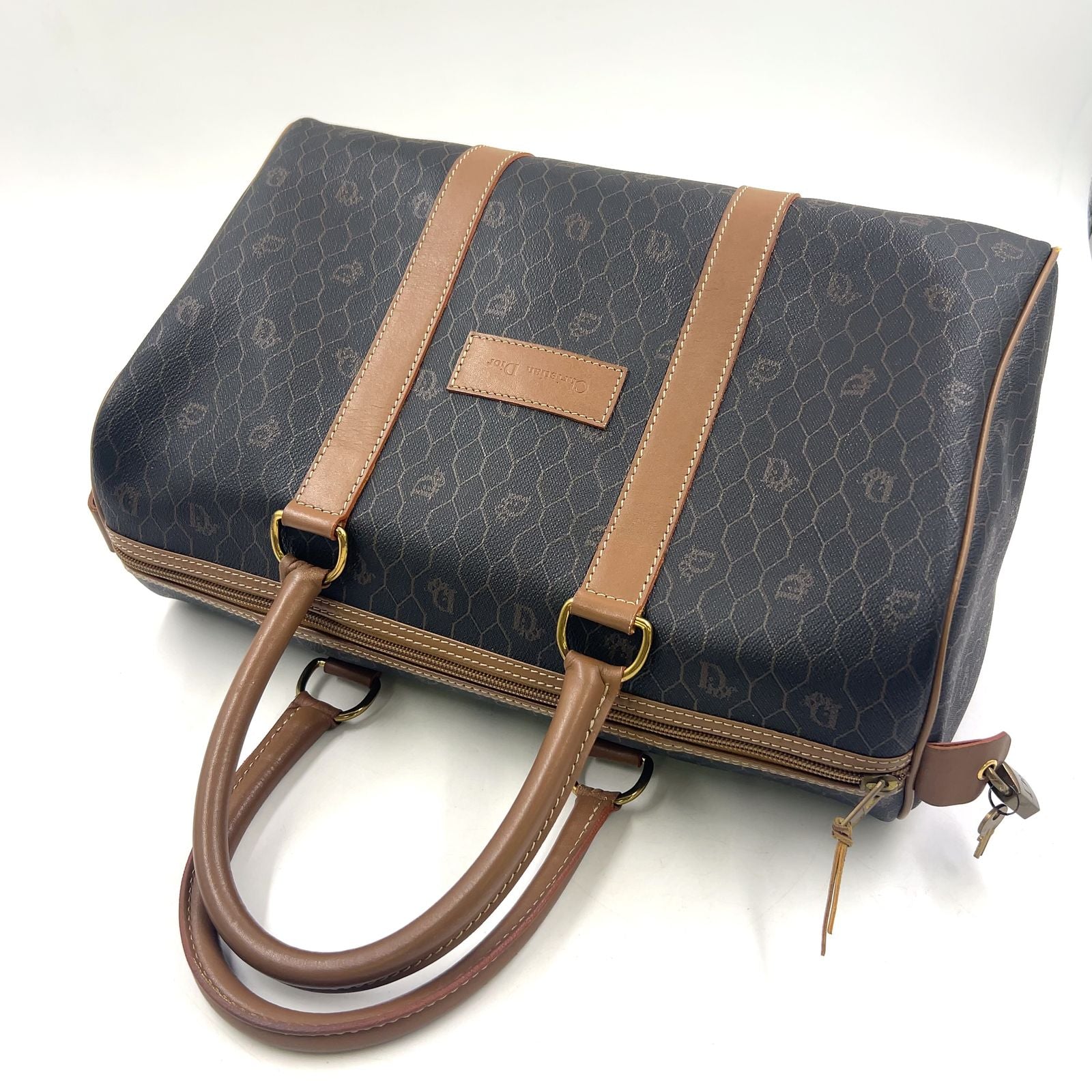 Dior Honeycomb Pattern Leather Brown Black Boston Bag Gold — view 6