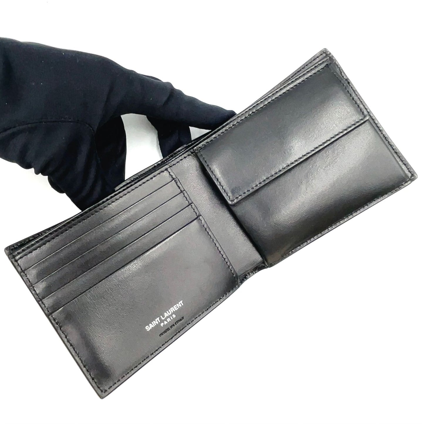 Saint Laurent Paris Tiny Cassandra Leather Black Bifold Wallet Silver — view 3