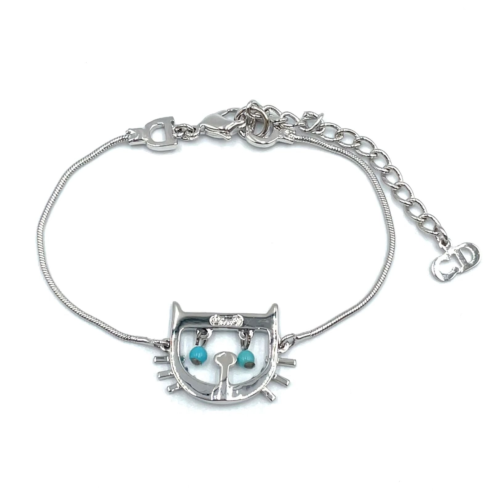 Dior Cat & D Metal Color Beads Silver Turquoise Blue Bracelet — view 3