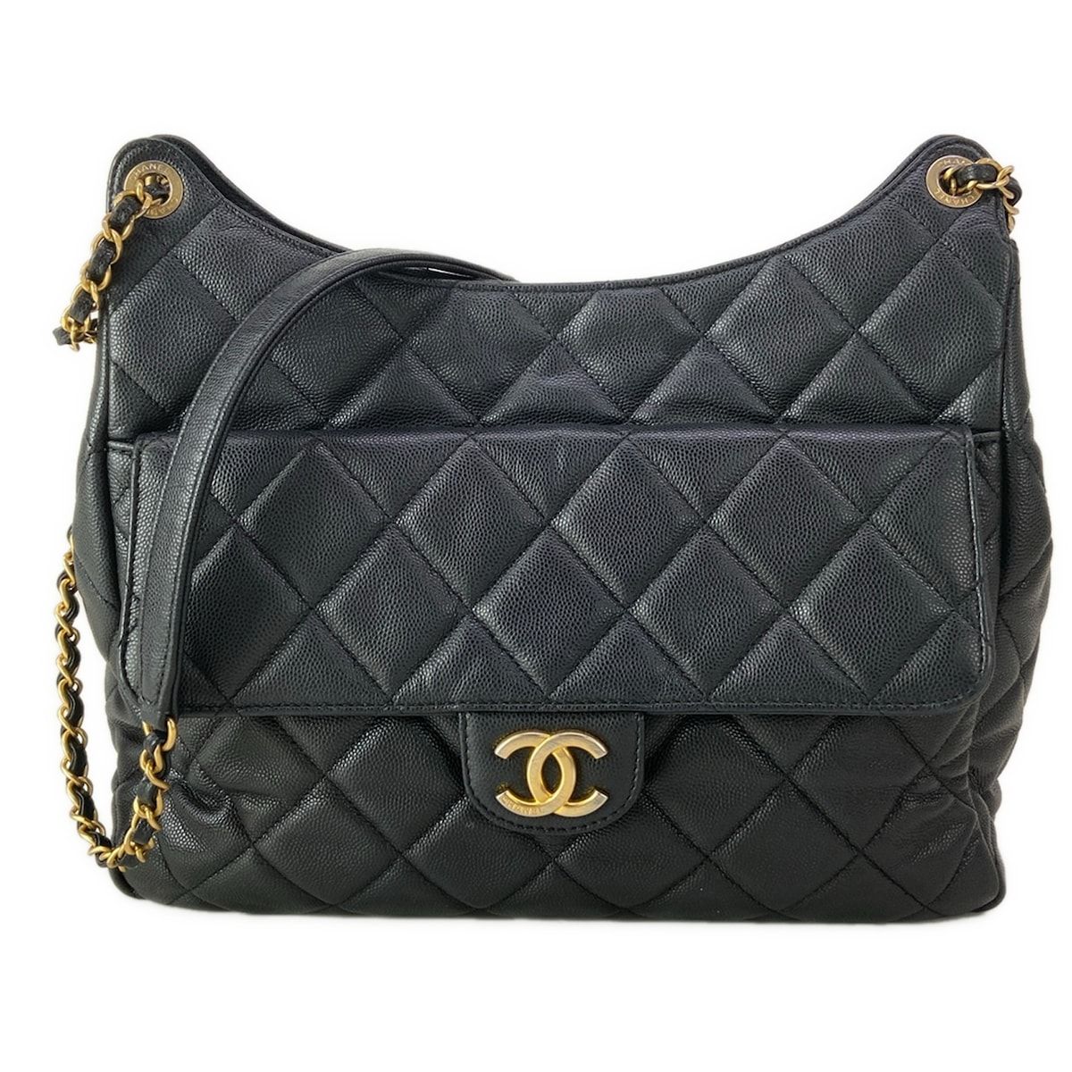 Chanel Shoulder Bag Quilted Hobo Black Metal Chain Gold