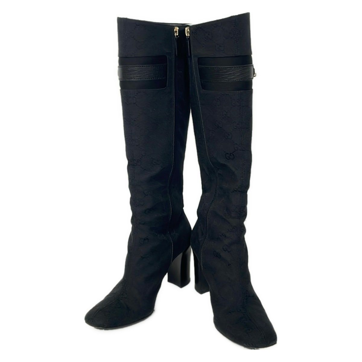 Gucci Long Boots 36.5 C Black Dark Green GG Pattern Horsebit Leather — view 2