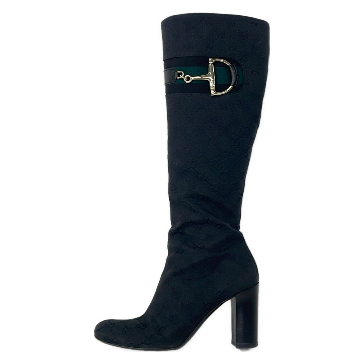 Gucci Long Boots 36.5 C Black Dark Green GG Pattern Horsebit Leather