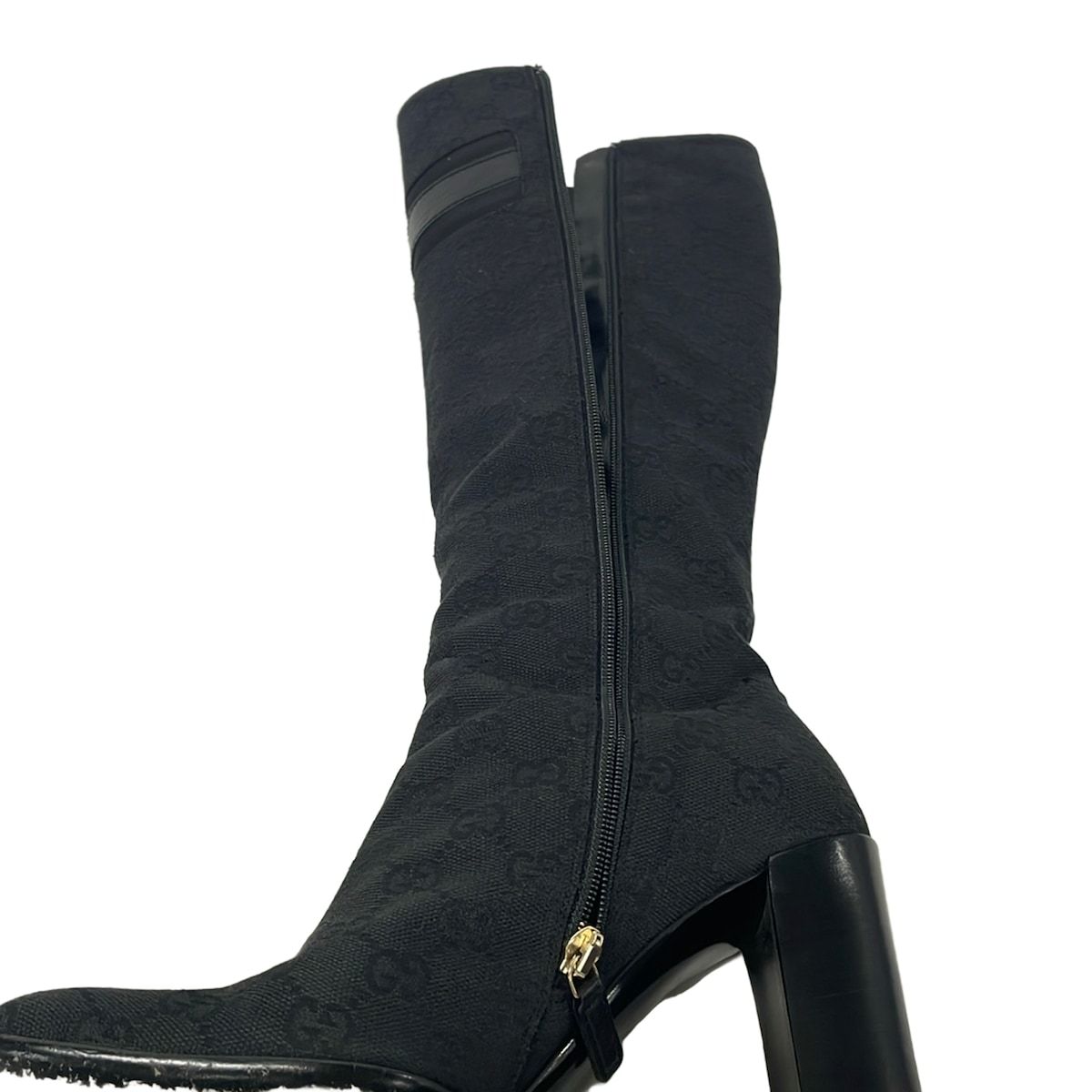 Gucci Long Boots 36.5 C Black Dark Green GG Pattern Horsebit Leather — view 5