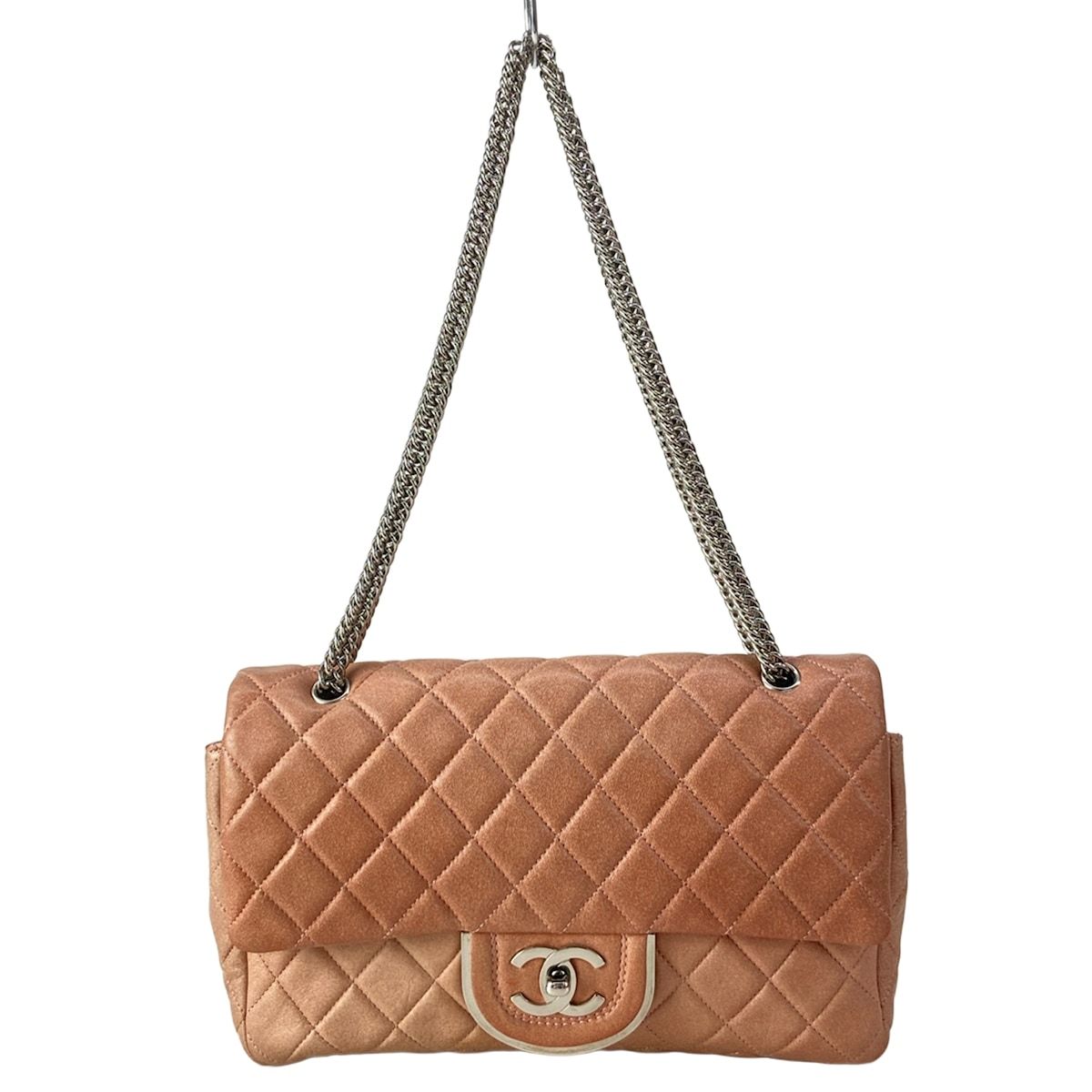 Chanel Shoulder Bag Double Flap Quilted Pink Beige Chain Silver Lambskin