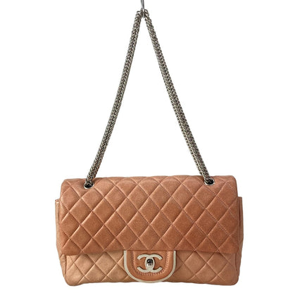 Chanel Shoulder Bag Double Flap Quilted Pink Beige Chain Silver Lambskin