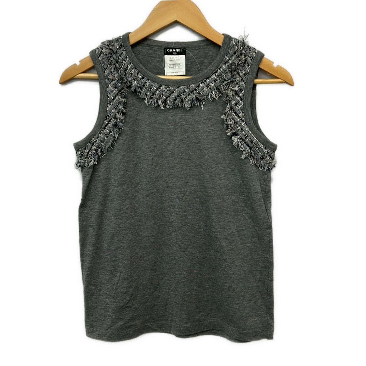 Chanel Sleeveless Top 34 Tweed Trim Tank Top Gray Multi Fringe