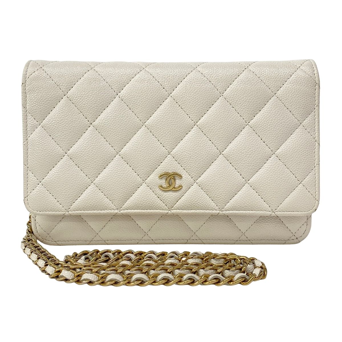 Chanel Wallet Quilted White Chain Gold Metal