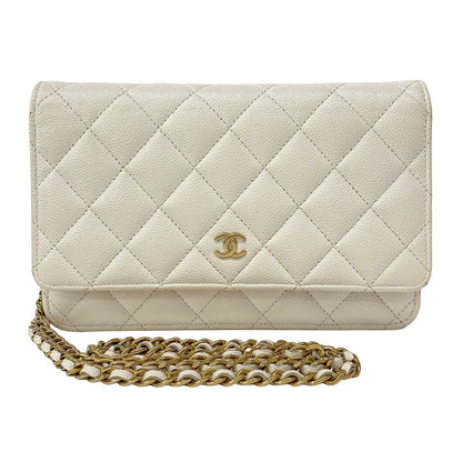 Chanel Wallet Quilted White Chain Gold Metal
