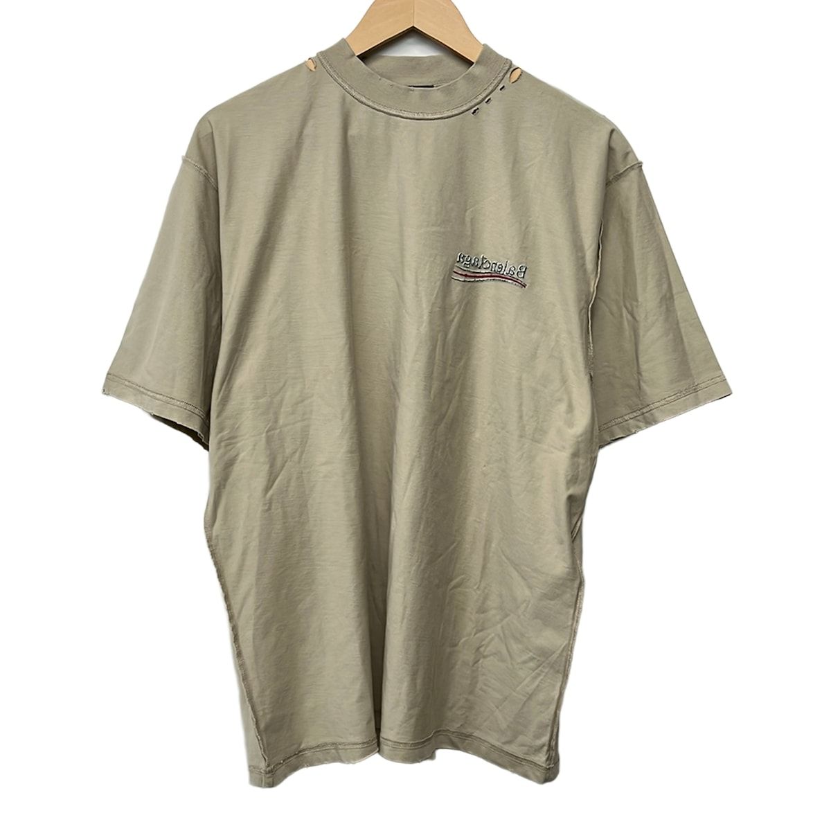 Balenciaga Short Sleeve T-Shirt S Beige Black Red Crew Neck Distressed