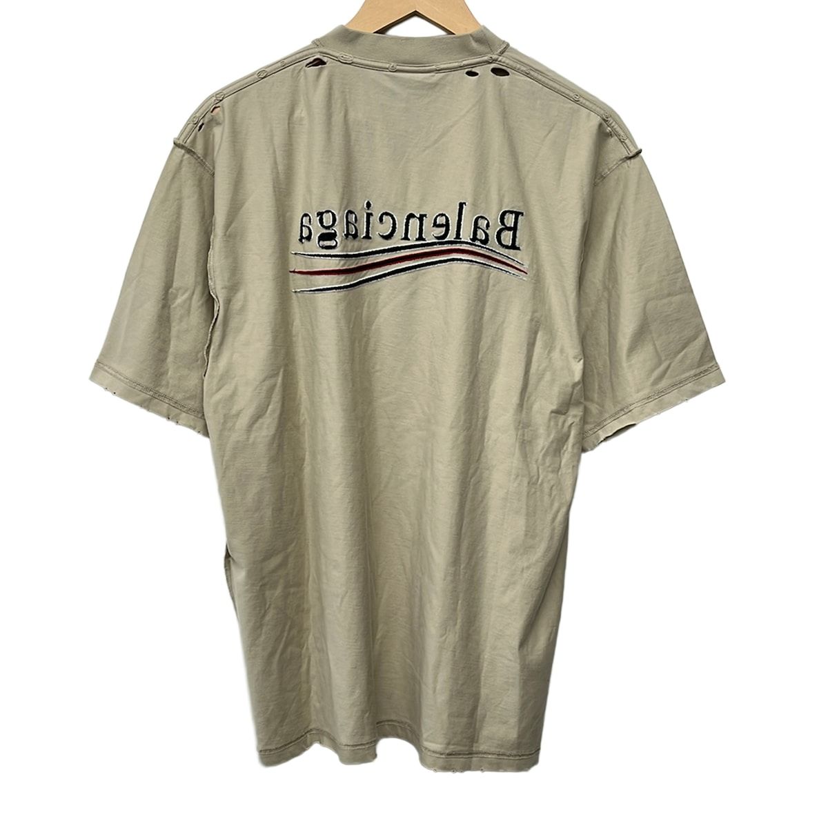 Balenciaga Short Sleeve T-Shirt S Beige Black Red Crew Neck Distressed — view 2