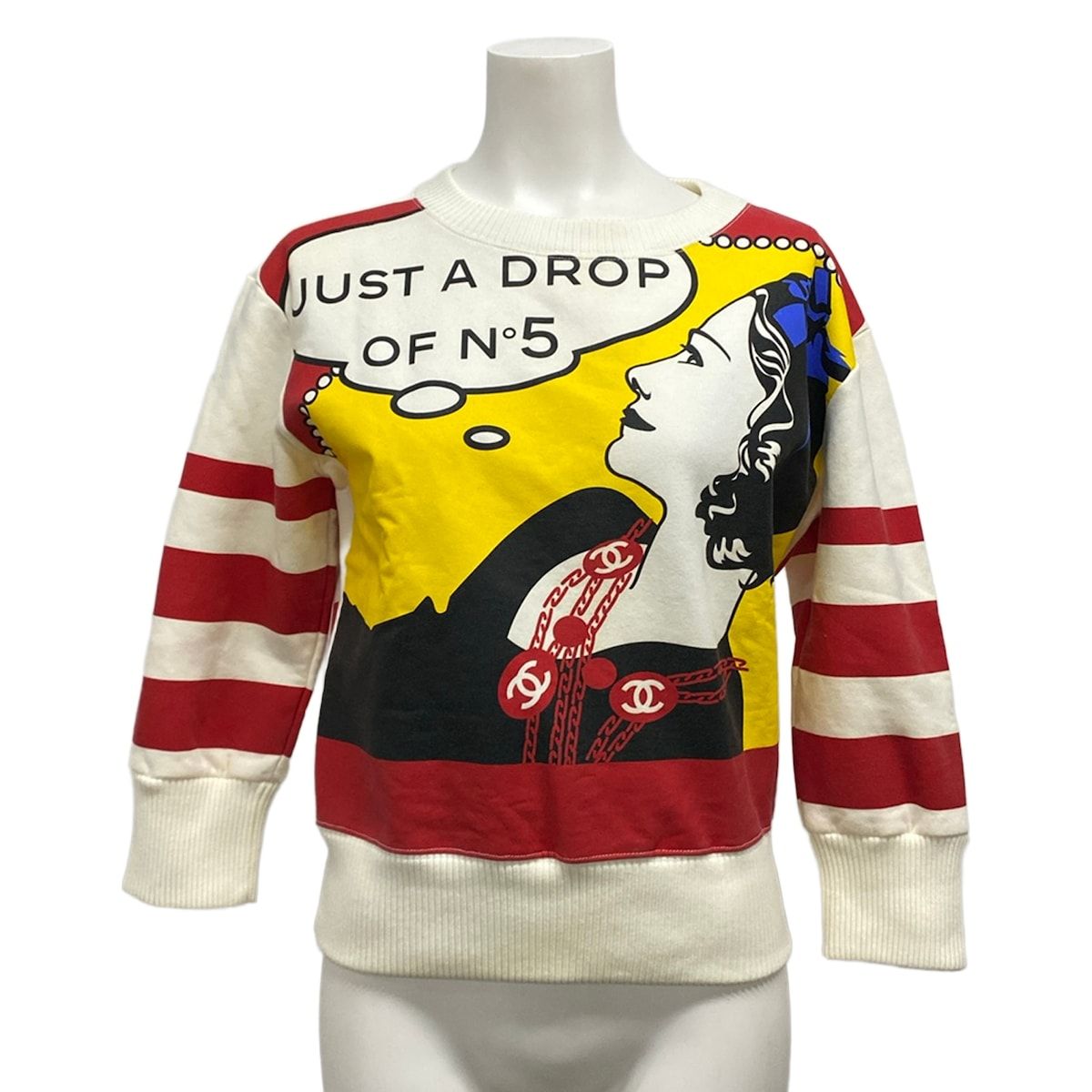 Chanel Sweatshirt 36 S Ivory Red Multi Crew Neck Long Sleeve Mademoiselle Cotton