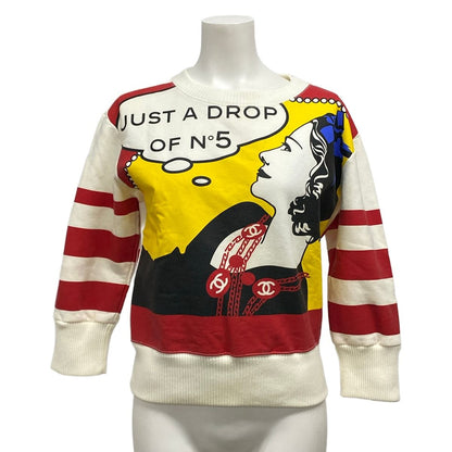 Chanel Sweatshirt 36 S Ivory Red Multi Crew Neck Long Sleeve Mademoiselle Cotton