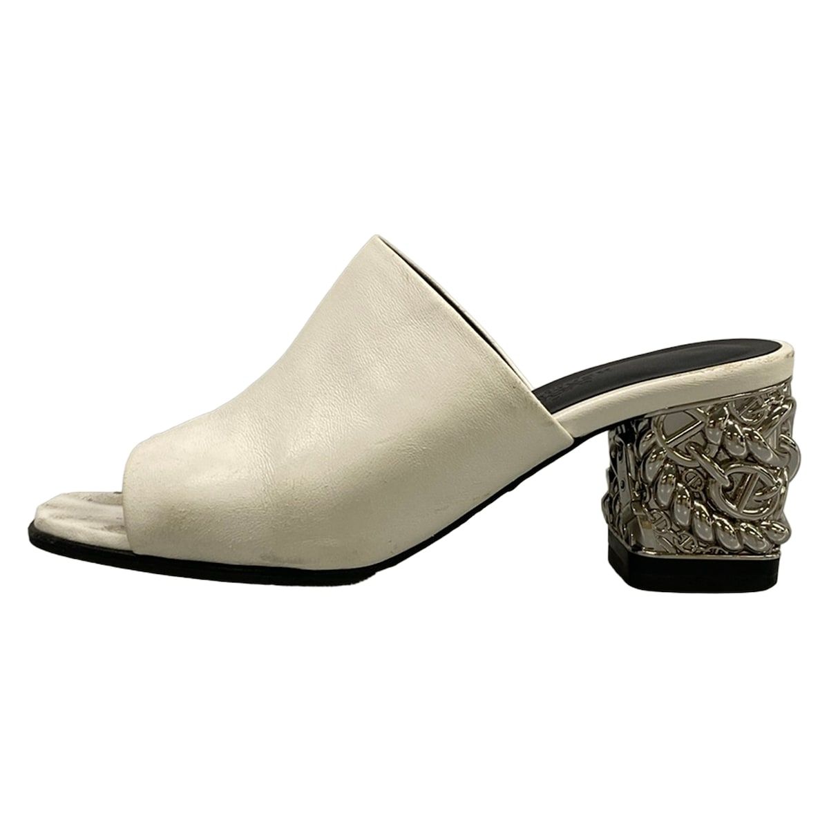 Hermes Sandals 36 Glossy White Silver Chunky Heels Open Toe Chaine D'ancre