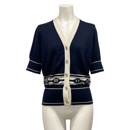 Hermes Cardigan 40 M Chaine D'ancre Navy White Spring Autumn Cashmere Silk