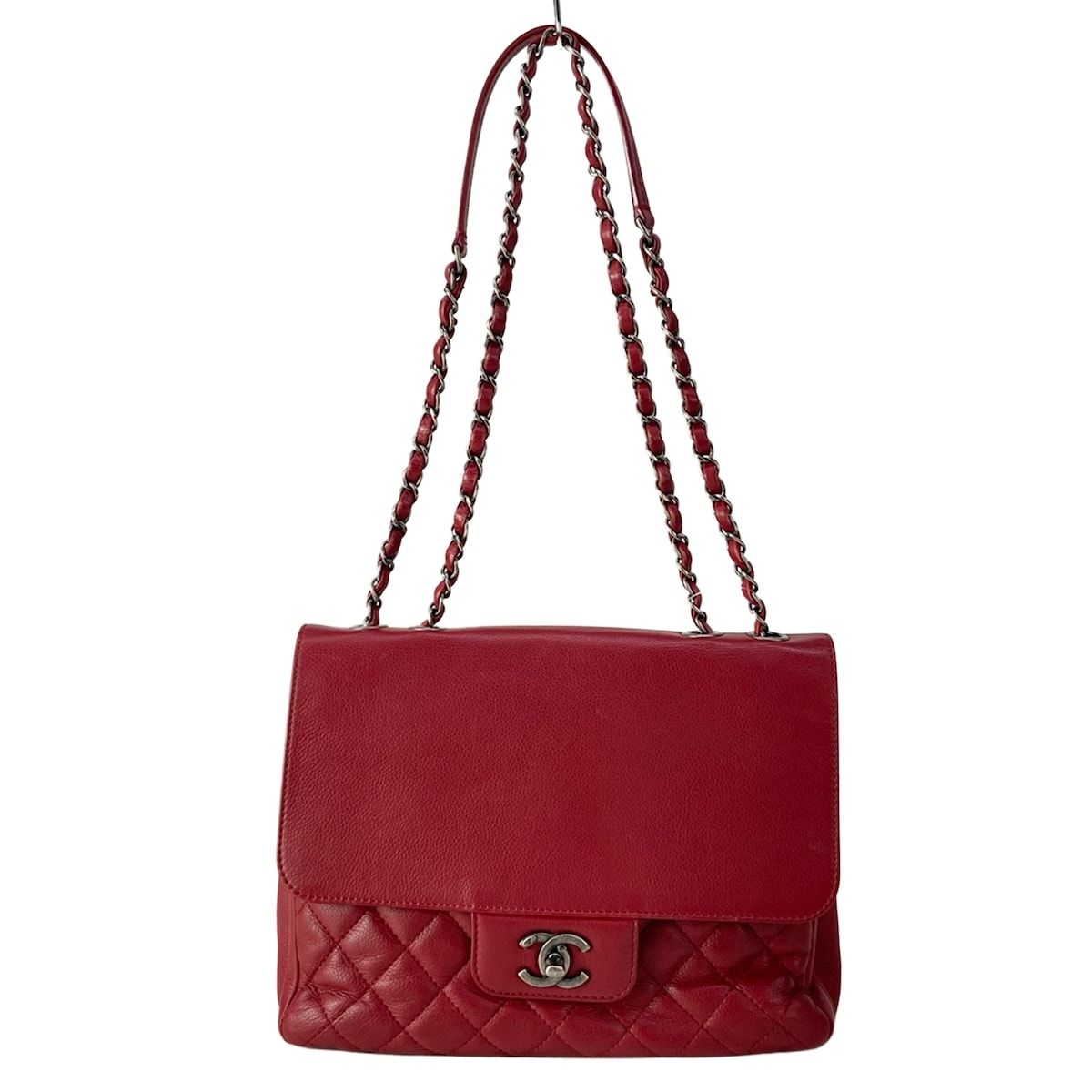 Chanel Shoulder Bag Quilted Red Double Sided Flap Chain Vintage Silver Lambskin