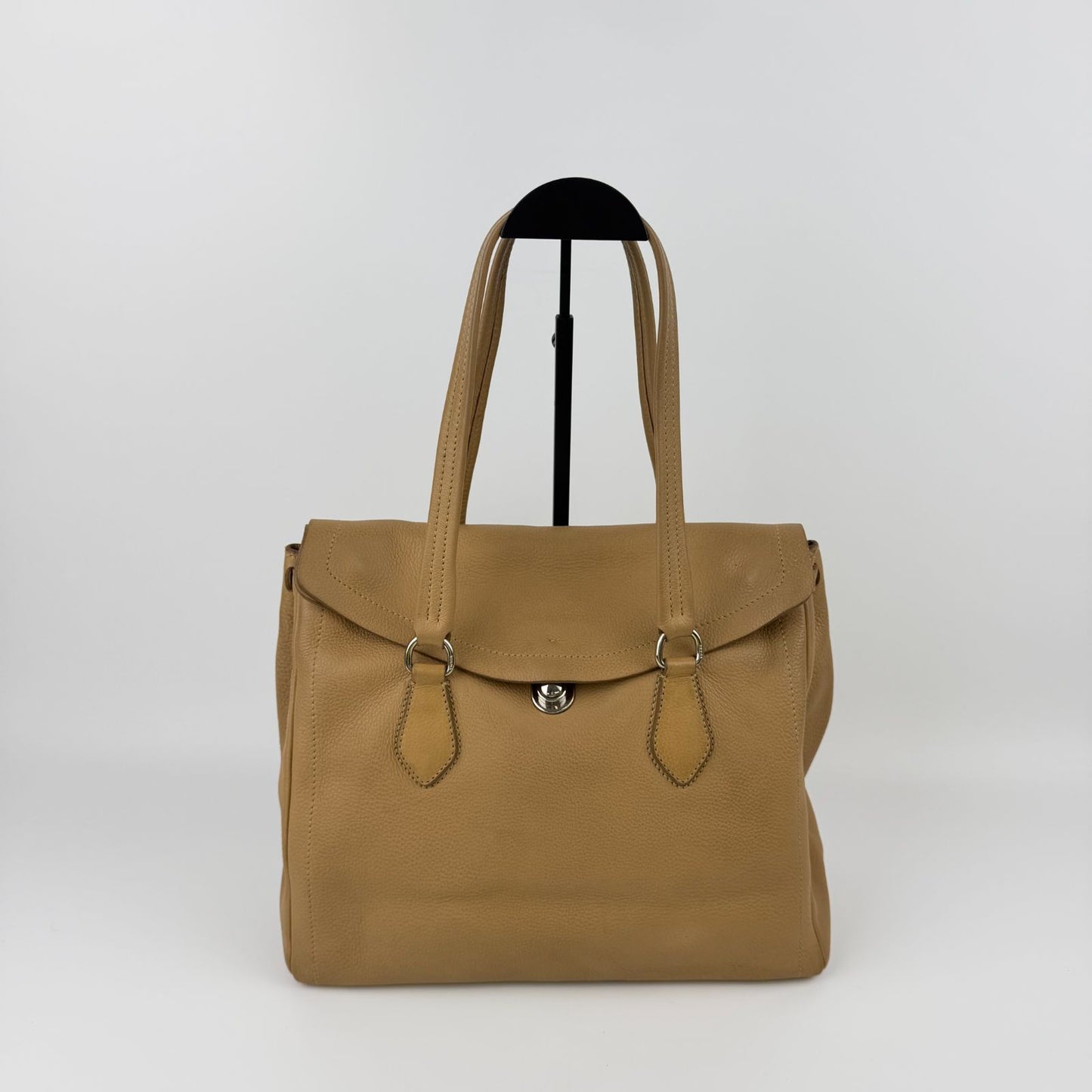 Prada Shoulder Bag Tote Leather Beige Silver Vintage