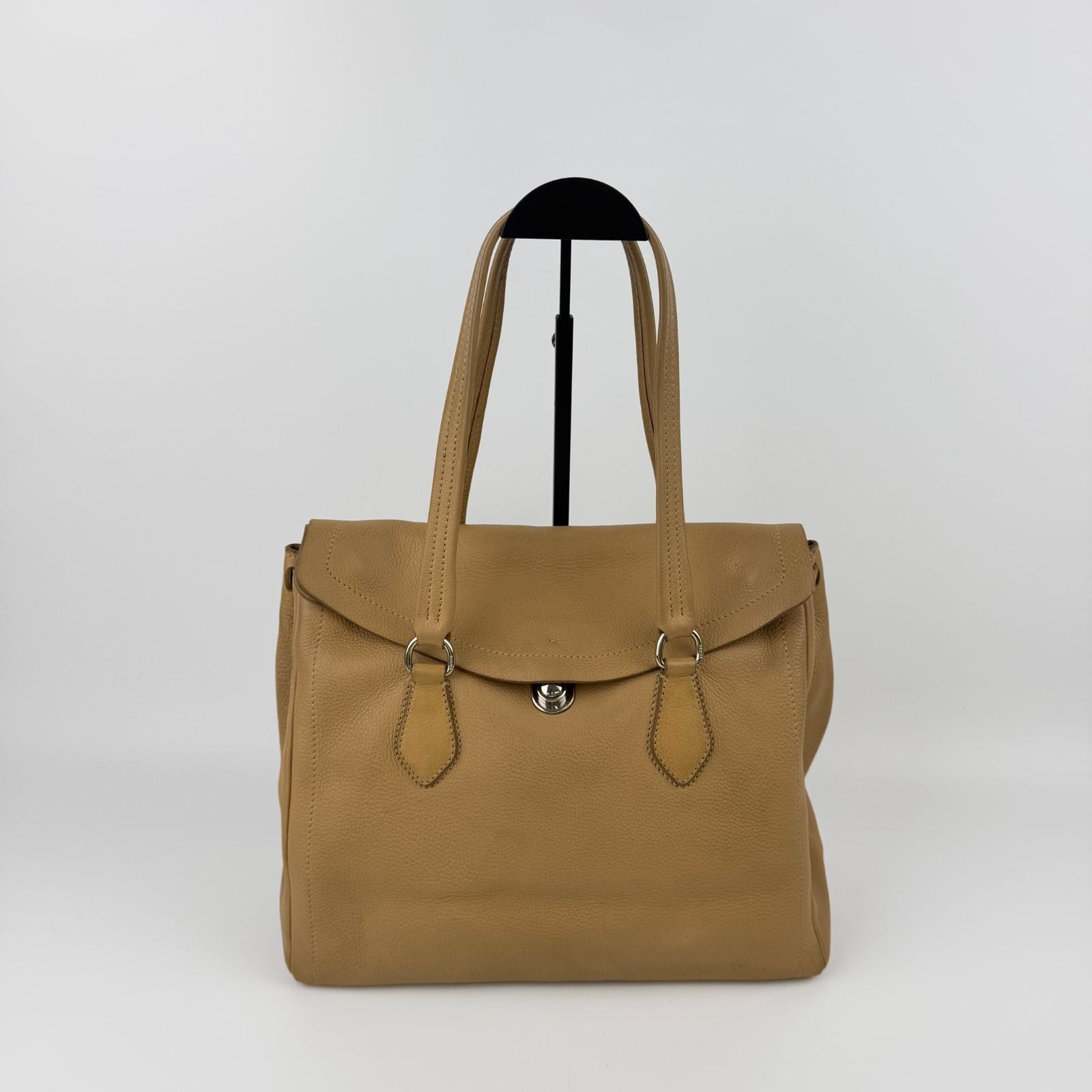 Prada Shoulder Bag Tote Leather Beige Silver Vintage
