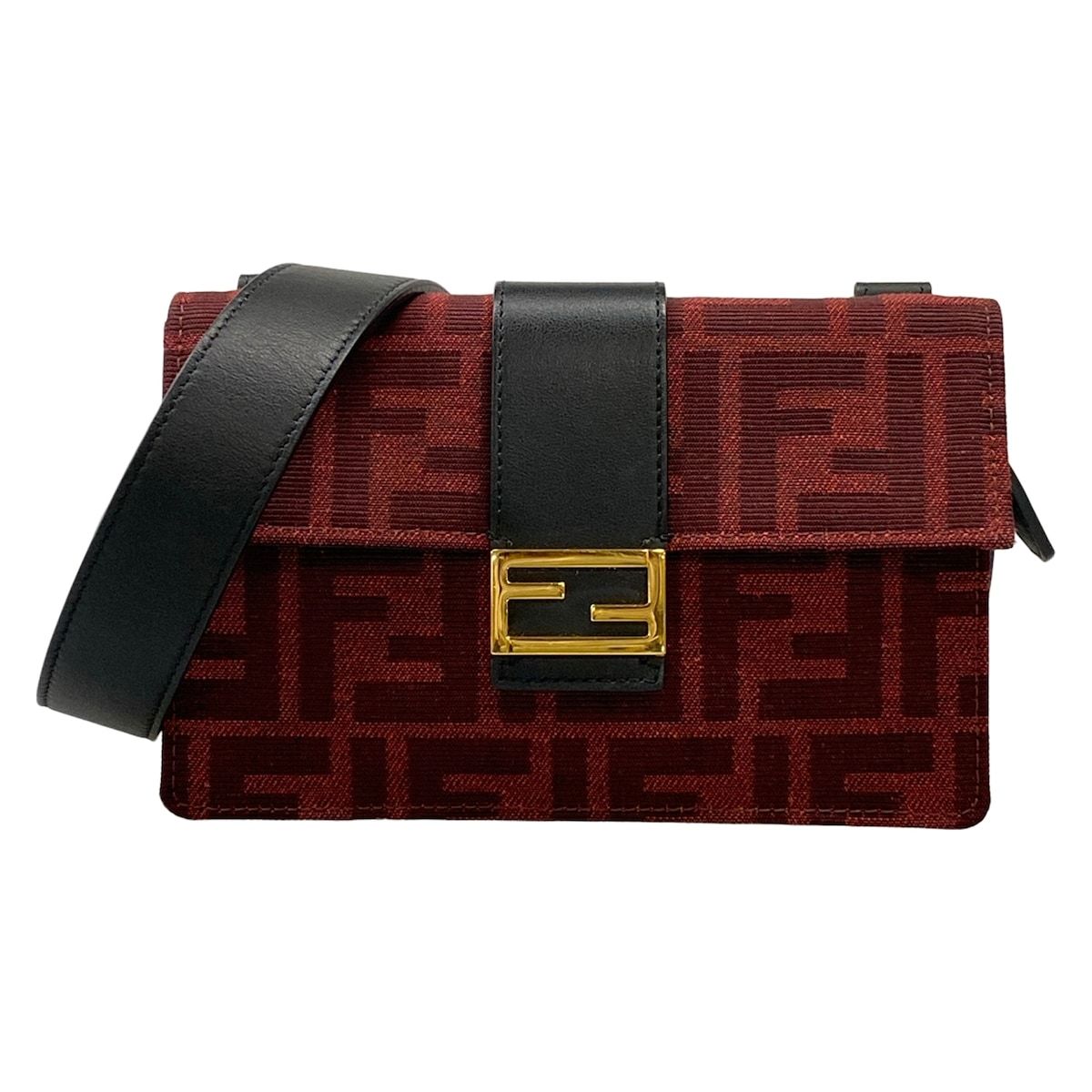 Fendi Shoulder Bag Baguette Slim Zucca Pattern Red Bordeaux Black Leather