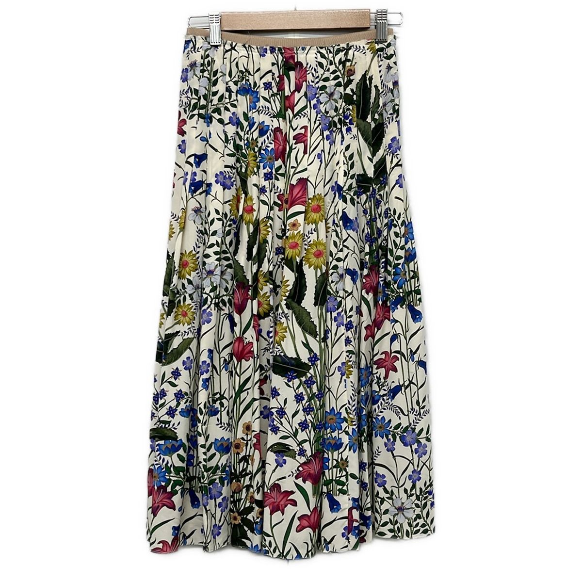 Gucci Long Skirt 36 S Ivory Dark Green Multi Silk Floral Pleats
