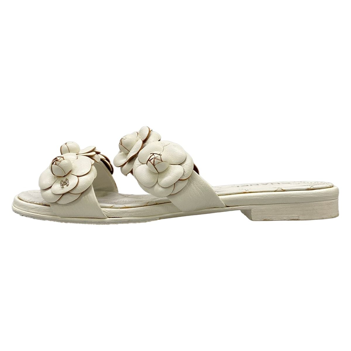Chanel Mules 35 C White Camellia Leather
