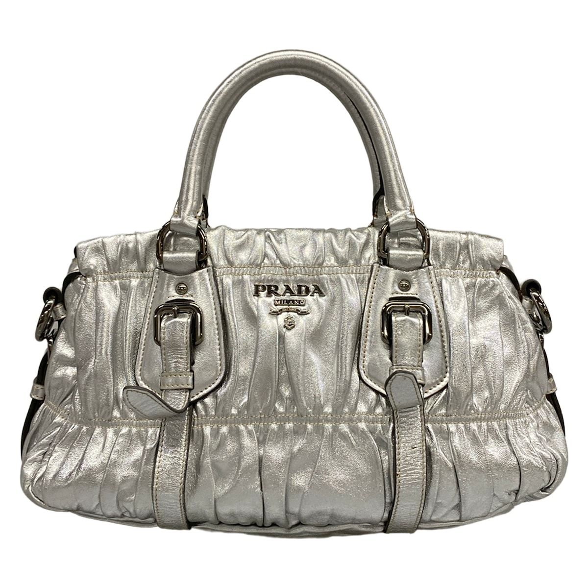 Prada Handbag Gather Bag Silver Leather