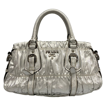Prada Handbag Gather Bag Silver Leather