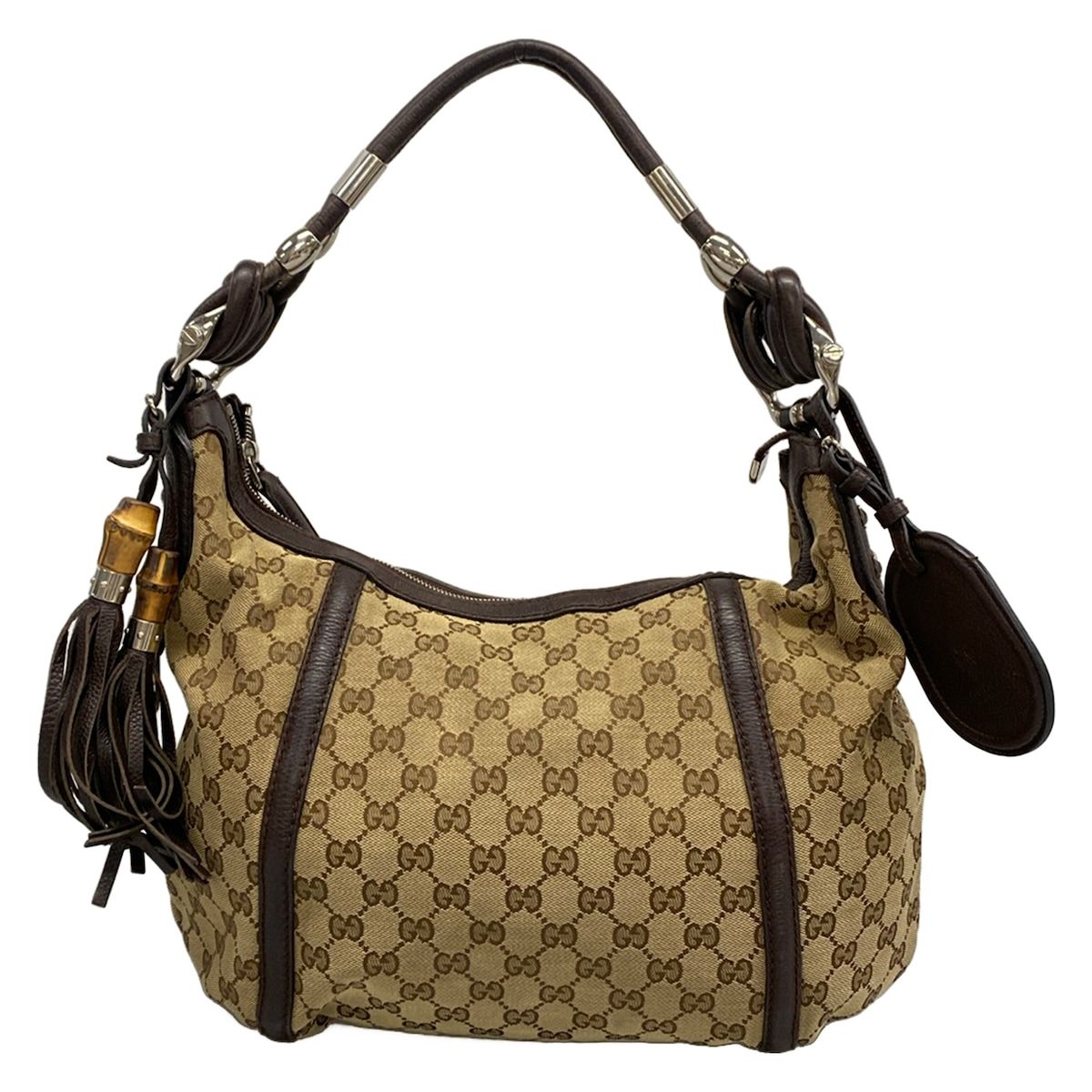 Gucci Shoulder Bag GG Pattern Dark Brown Beige Leather