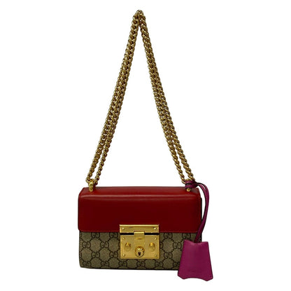 Gucci Shoulder Bag Padlock Small GG Supreme Red Beige Multi Chain Leather