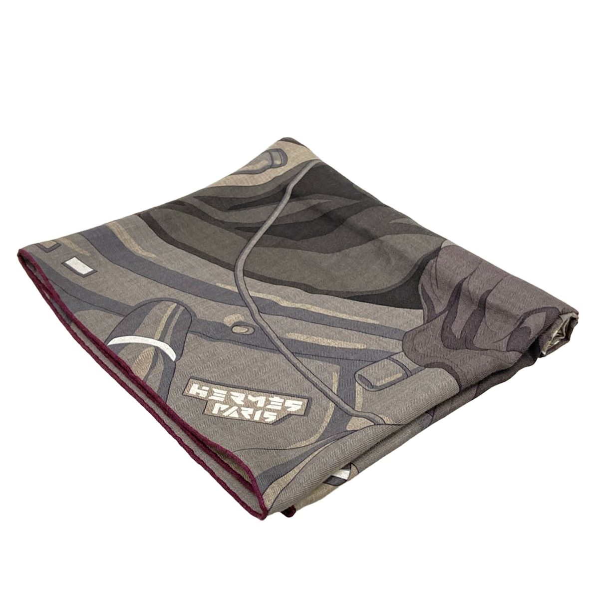 Hermes Shawl Carre 100 Gray Beige Dark Multi Horse Reality Cashmere Silk Scarf