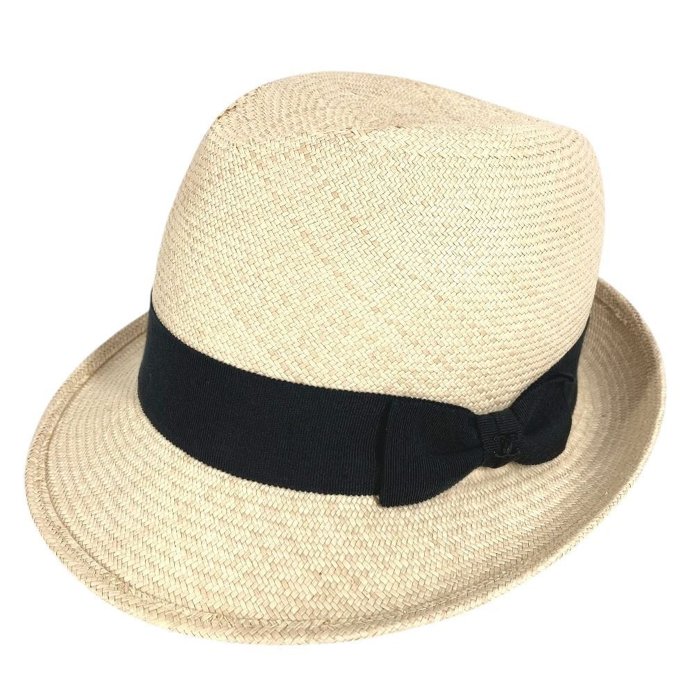 Chanel Hat CC Logo Straw Hat Ribbon Raffia Beige