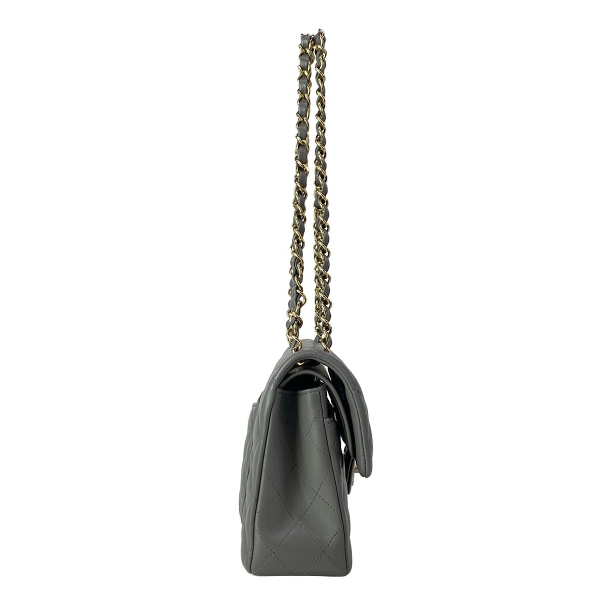 Chanel Shoulder Bag Double Flap Quilted Gray Gold Chain Metal — view 2