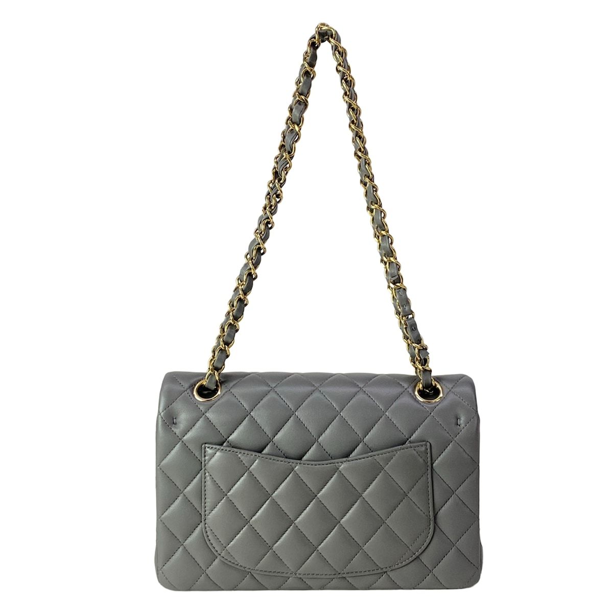 Chanel Shoulder Bag Double Flap Quilted Gray Gold Chain Metal — view 3