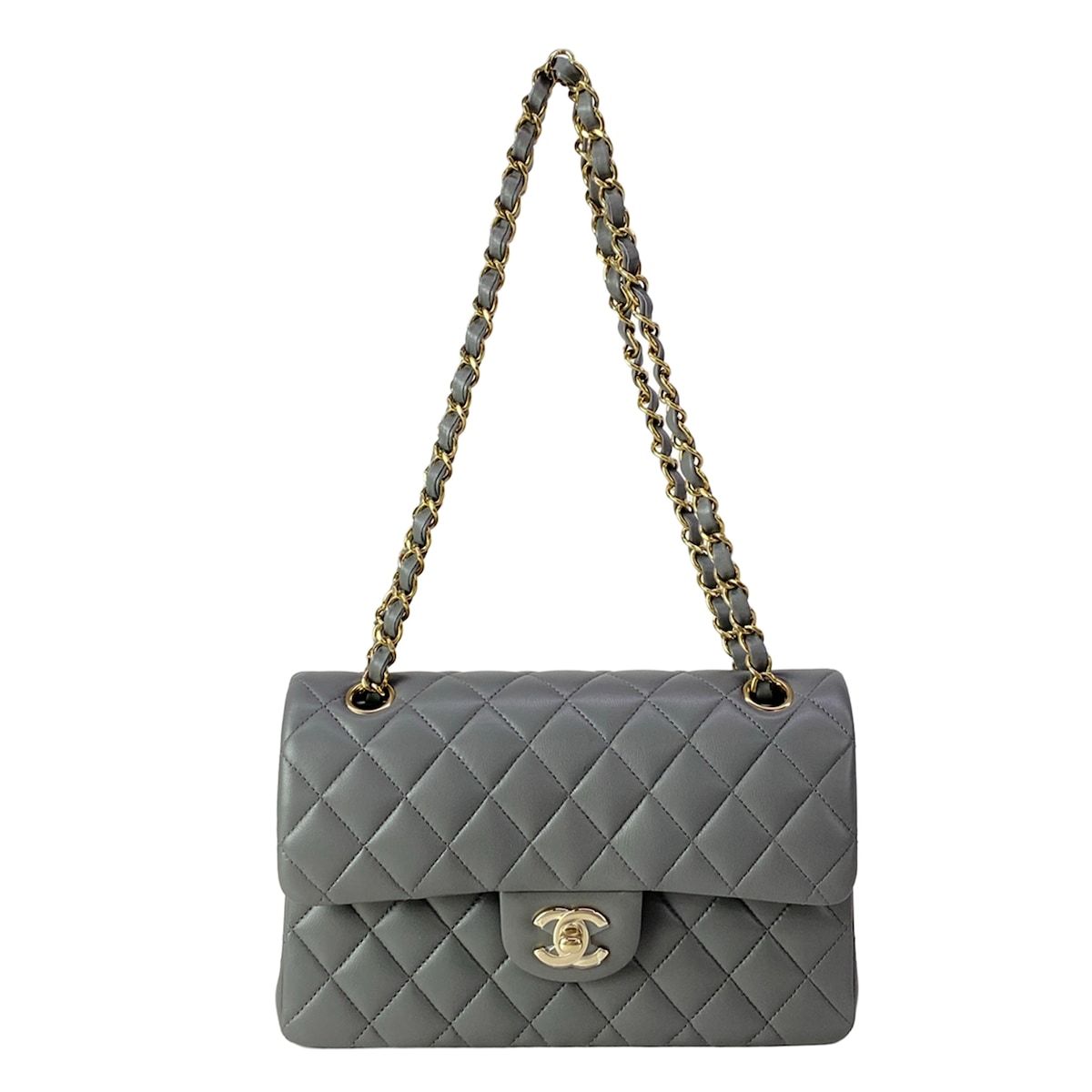 Chanel Shoulder Bag Double Flap Quilted Gray Gold Chain Metal