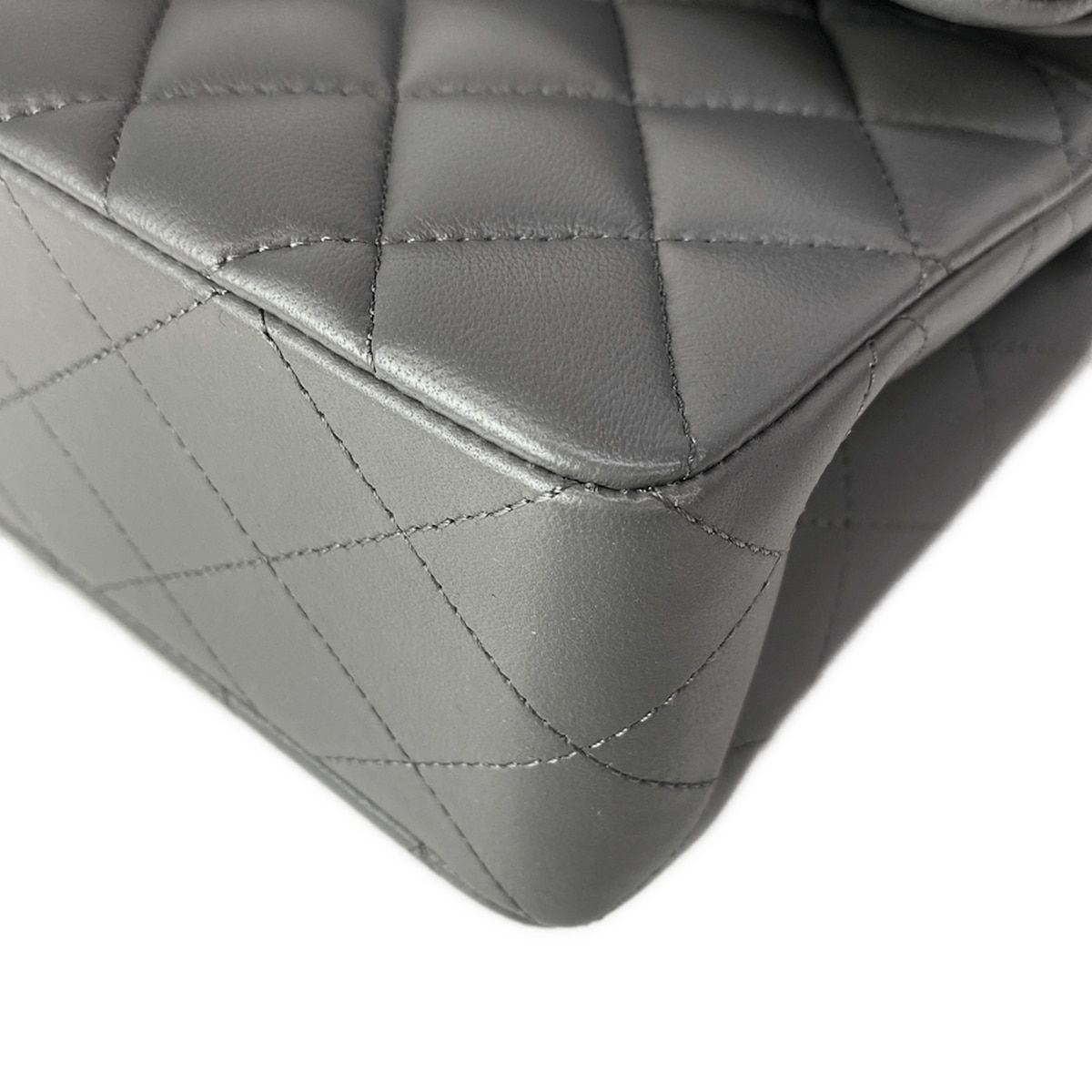 Chanel Shoulder Bag Double Flap Quilted Gray Gold Chain Metal — view 7