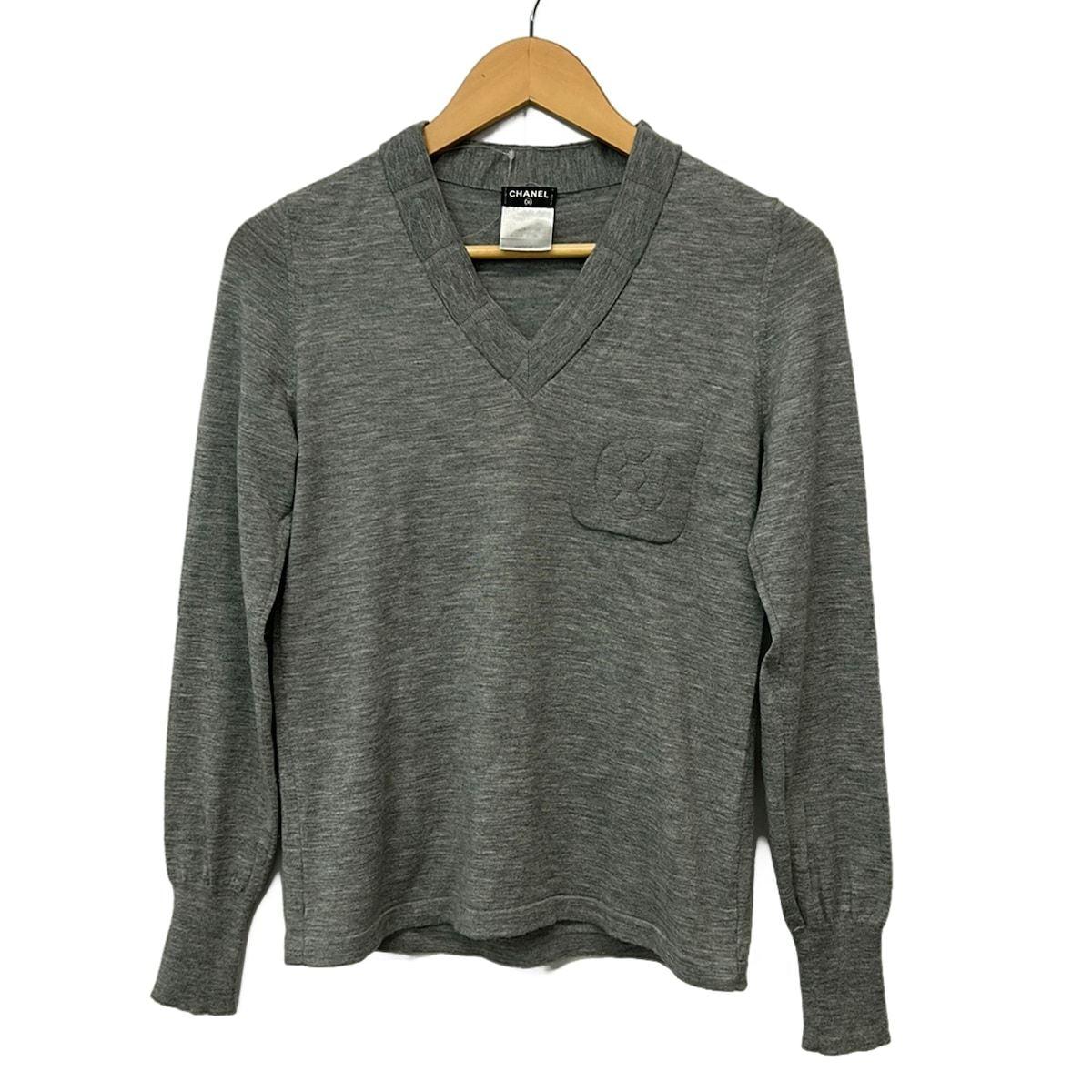Chanel Long Sleeve Sweater 36 S Light Gray Wool Camellia Cashmere