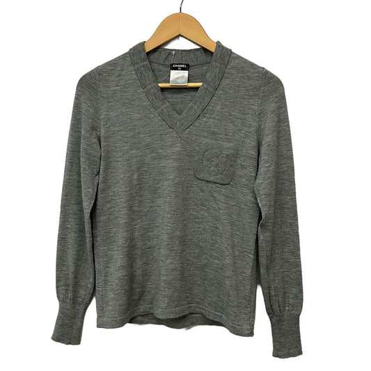 Chanel Long Sleeve Sweater 36 S Light Gray Wool Camellia Cashmere