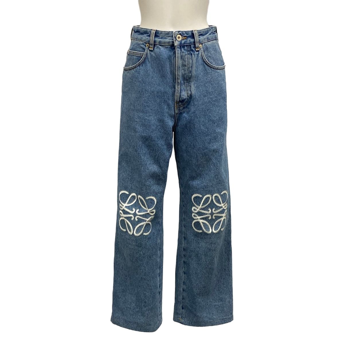 Loewe Jeans 42 L Anagram Baggy Blue White Full Length Button Fly Cotton