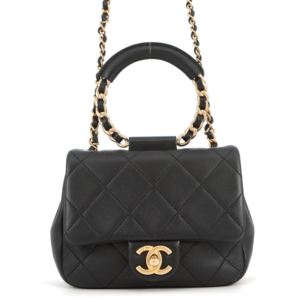 Chanel Chain Shoulder Bag Quilted CC Logo Top Handle Mini Flap Black