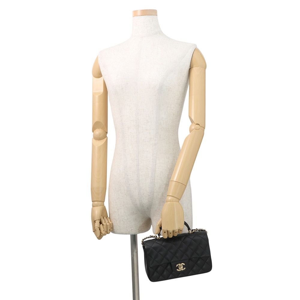Chanel Chain Shoulder Bag Quilted CC Logo Top Handle Mini Flap Lambskin Black — view 4