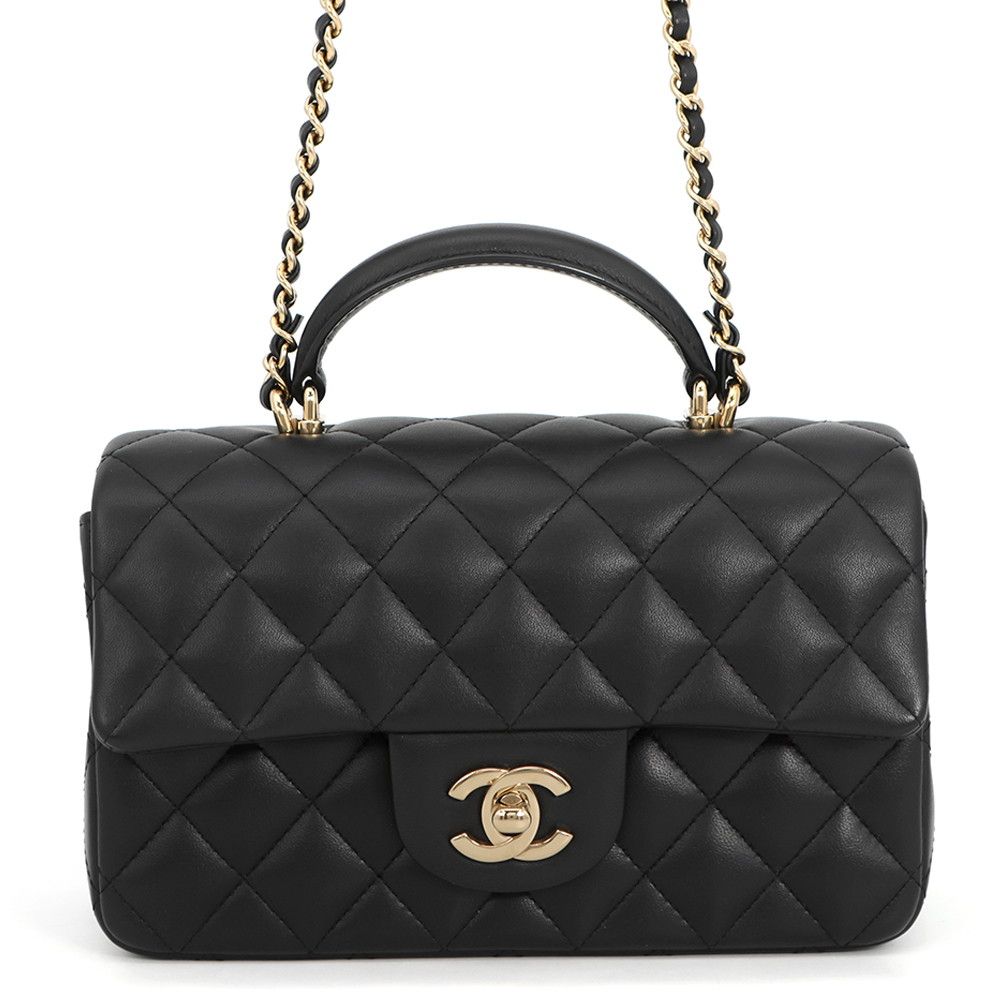Chanel Chain Shoulder Bag Quilted CC Logo Top Handle Mini Flap Lambskin Black