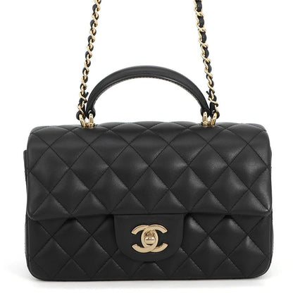 Chanel Chain Shoulder Bag Quilted CC Logo Top Handle Mini Flap Lambskin Black