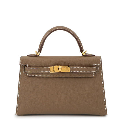 Hermes Mini Kelly 2 Sellier Etoupe Gold Epsom 2-Way Handbag