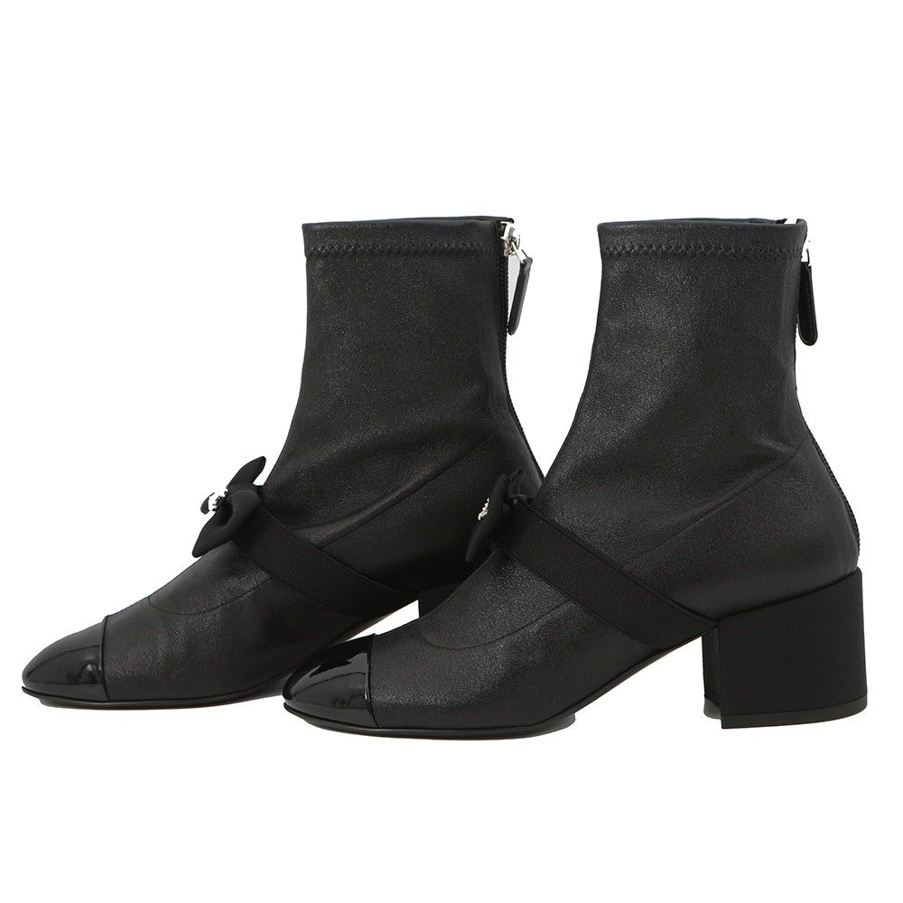 Chanel Boots CC Logo Ribbon Short Leather Patent 34c Shoes Ankle Black — view 2