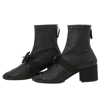 Chanel Boots CC Logo Ribbon Short Leather Patent 34c Shoes Ankle Black — view 2