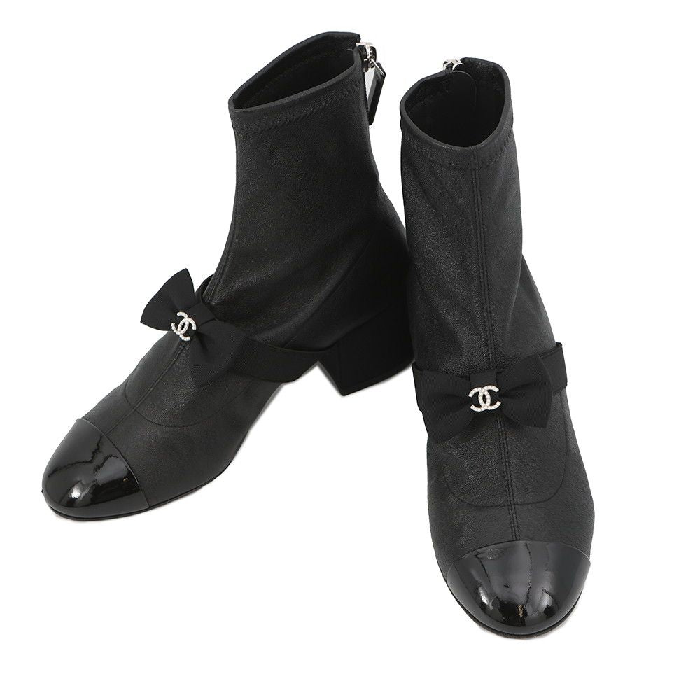 Chanel Boots CC Logo Ribbon Short Leather Patent 34c Shoes Ankle Black