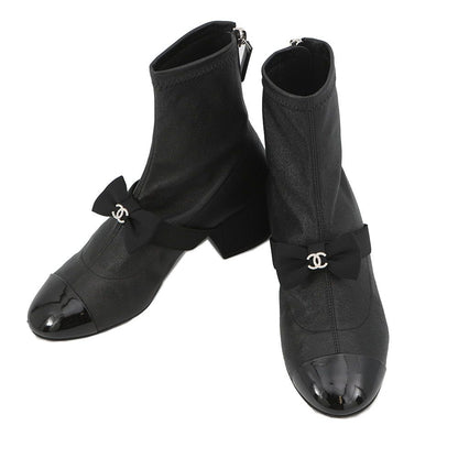 Chanel Boots CC Logo Ribbon Short Leather Patent 34c Shoes Ankle Black