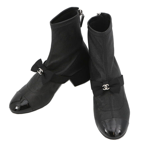 Chanel Boots CC Logo Ribbon Short Leather Patent 34c Shoes Ankle Black