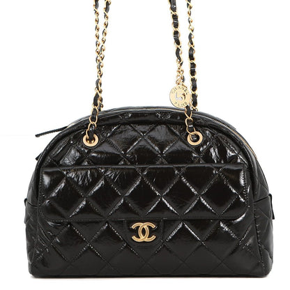 Chanel Shoulder Bag CC Logo Quilted Maxi Shiny Calf Leather Black