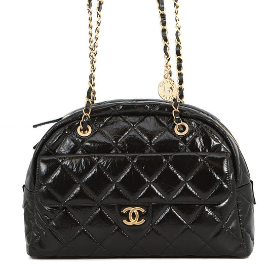 Chanel Shoulder Bag CC Logo Quilted Maxi Shiny Calf Leather Black