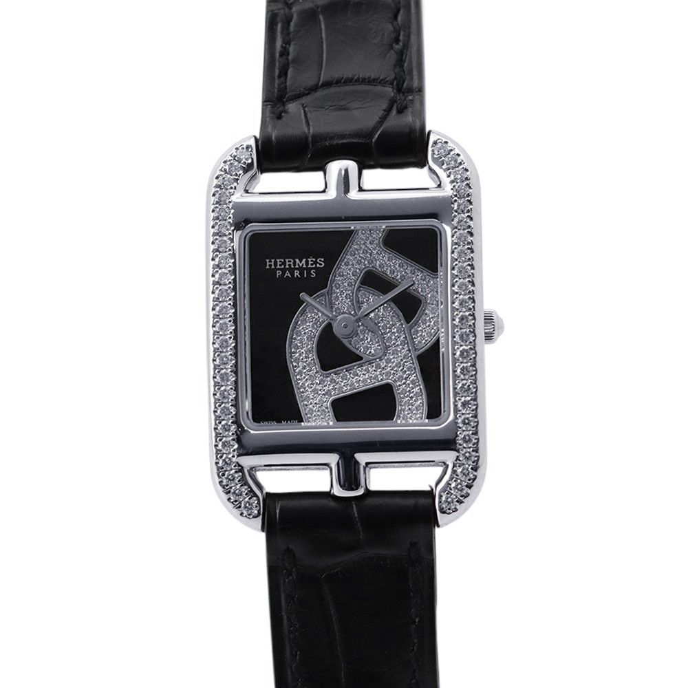 Hermes Cape Cod Double Tour Chaine D'ancre Diamond Bezel Watch Black Dial